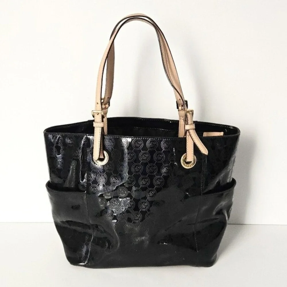 Michael Kors Black Patent Leather Signature Logo Jet Set Tote Handbag with COA - Picture 2 of 8